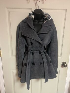 Women's Charcoal Double-Breasted Belted Pea Coat